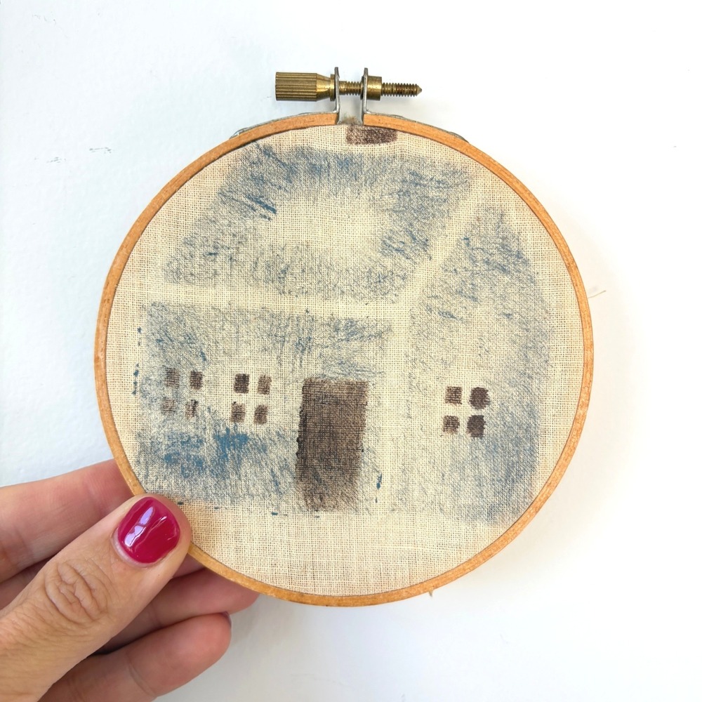 Handmade Folk Art House Textile Embroidery Hoop Wall Decor Blue Cream 4.25 Inch